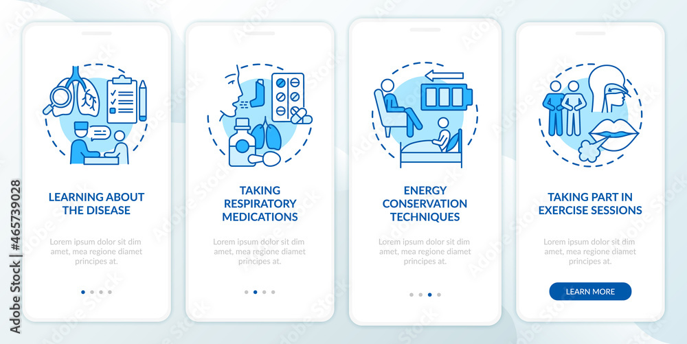 Pulmonary rehab program blue onboarding mobile app page screen. Treatment walkthrough 4 steps graphic instructions with concepts. UI, UX, GUI vector template with linear color illustrations