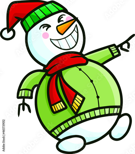 Funny snowman with green sweater getting suprised laugh at something
