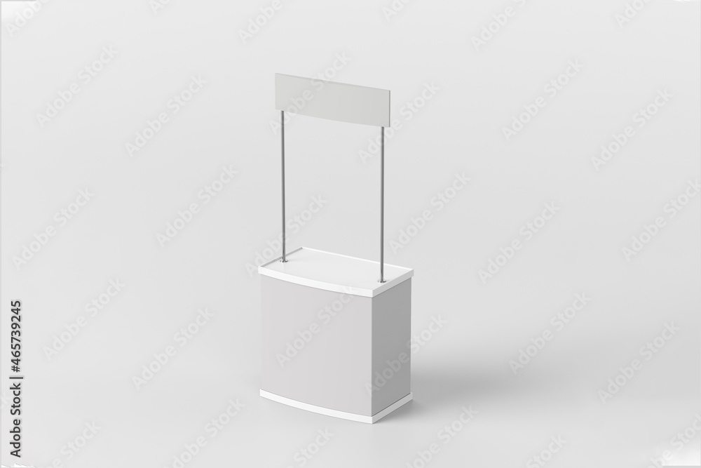 Empty blank trade stand mock up isolated on a grey background. Exhibition display stand. 3d rendering. Empty blank trade stand mock up isolated on a grey background. Exhibition display stand. 3d rendering.
