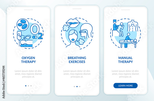 Respiratory rehabilitation blue onboarding mobile app page screen. Recovery therapy walkthrough 3 steps graphic instructions with concepts. UI, UX, GUI vector template with linear color illustrations