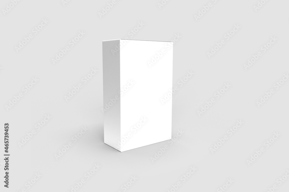 Empty blank white vertical packaging box isolated on a grey background. 3d rendering. zero waste concept. Empty blank white vertical packaging box isolated on a grey background. 3d rendering. zero waste concept.