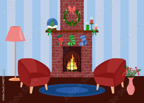 Christmas home interior. Two armchairs near fireplace in living room. Winter holidays fireside concept. New year cozy indoors. Vector flat illustration