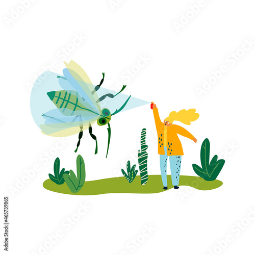 Young woman fight with insect by spray. Mosquito counter measure illustration vector.