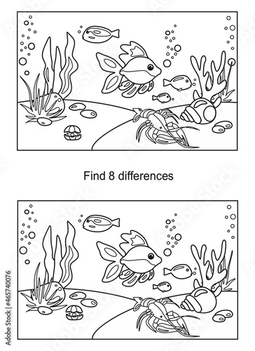 Puzzle game, find 8 differences. Marine life, coloring book for kids.