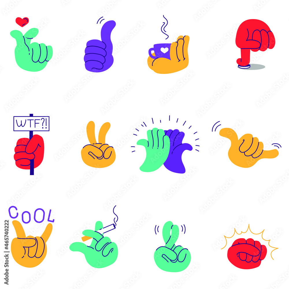 Set of color hands emotion stickers design emoji flat vector illustration isolated on white background