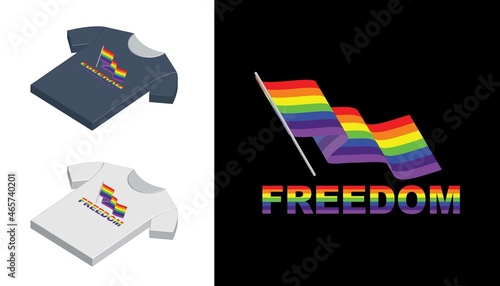 Simple t-shirt design, Freedom flag LGBT. In black and white color variants