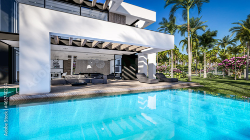 3d rendering of modern cozy house with pool and parking for sale or rent in luxurious style by the sea or ocean. Sunny day by the azure coast with palm trees and flowers in tropical island