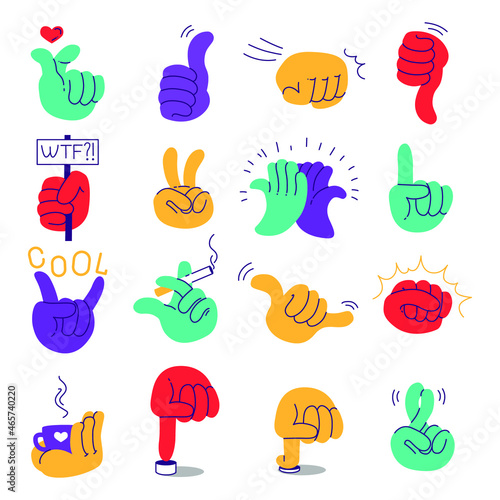 Set of color hands emotion stickers design emoji flat vector illustration isolated on white background