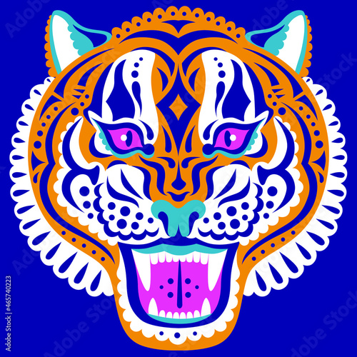 Decorated head of tiger animal stickers design flat vector illustration isolated on white background symbol 2022 year