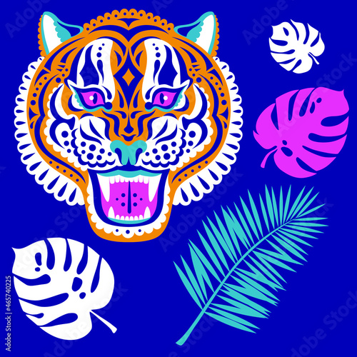 Decorated head of tiger animal stickers design flat vector illustration isolated on white background symbol 2022 year
