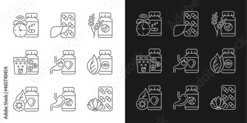 Food supplements linear icons set for dark and light mode. Dietary products for health. Digestive medicine. Customizable thin line symbols. Isolated vector outline illustrations. Editable stroke