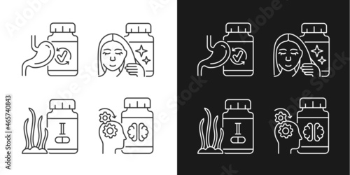 Food supplements linear icons set for dark and light mode. Medicine for better mental work. Iodine supplements. Customizable thin line symbols. Isolated vector outline illustrations. Editable stroke