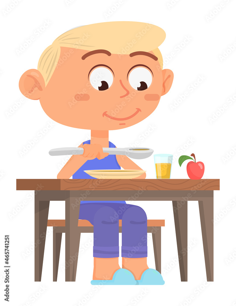 Cartoon boy eating. Cute kid sitting at dinner table Cartoon boy eating. Cute kid sitting at dinner table