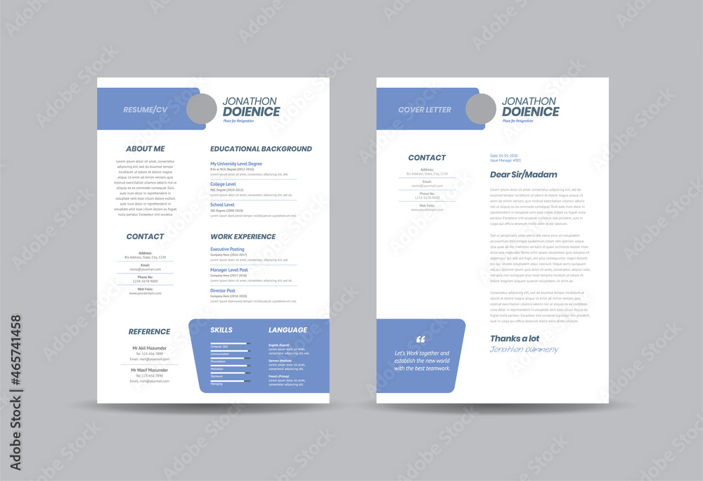 Curriculum vitae CV Resume Template Design or Personal Details for Job Application  