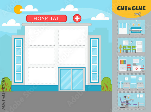 A game for children. Hospital. Cut and glue. A game for the development of logic and mindfulness. Vector illustration.