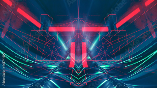 Dark abstract futuristic modern neon background. Futuristic space dark background with rays and neon lines. Neon abstraction. Symmetrical reflection, perspective. neon. 3D illustration. 