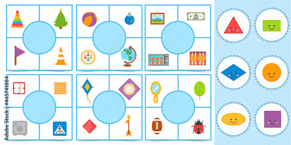 Fototapeta premium Educational worksheet for children. Game for Kids. Puzzle geometric shapes. Match of geometric figures and objects. Triangle, square, circle, oval, rhombus. Children funny riddle entertainment.