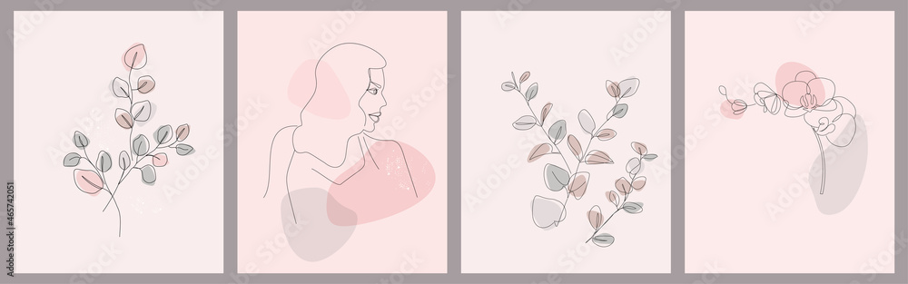 A set of abstract posters of contemporary art. Portrait of a beautiful woman in profile with long hair, hand-drawn line. A branch of a eucalyptus plant in simple forms, an orchid flower. Vector.  - obrazy, fototapety, plakaty 