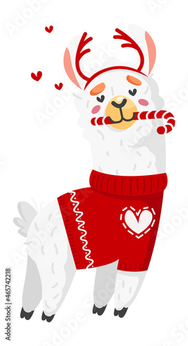 Cute llama with christmas candy cane. Cartoon alpaca in hearts