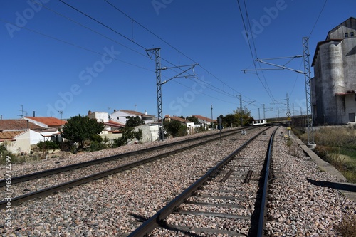  Train tracks through a small town called Gomecello in Salamanca