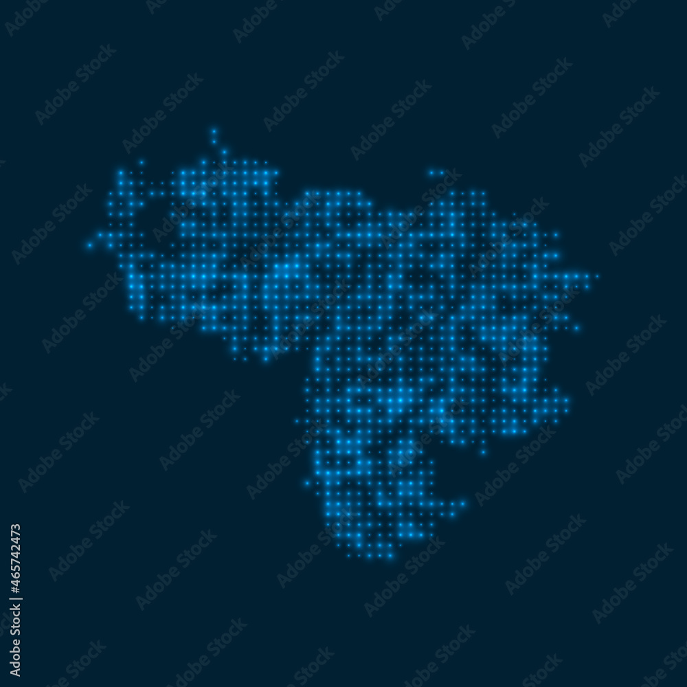 Venezuela dotted glowing map. Shape of the country with blue bright bulbs. Vector illustration.