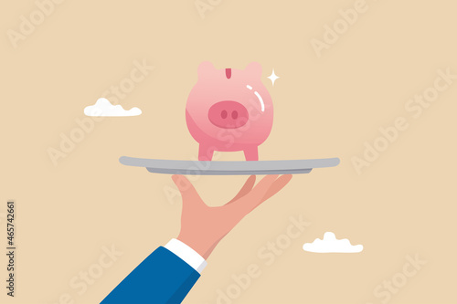 Offer investment and savings service, best wealth management or business loan, mutual funds and financial solution concept, businessman professional hand serving precious piggybank in luxury tray.