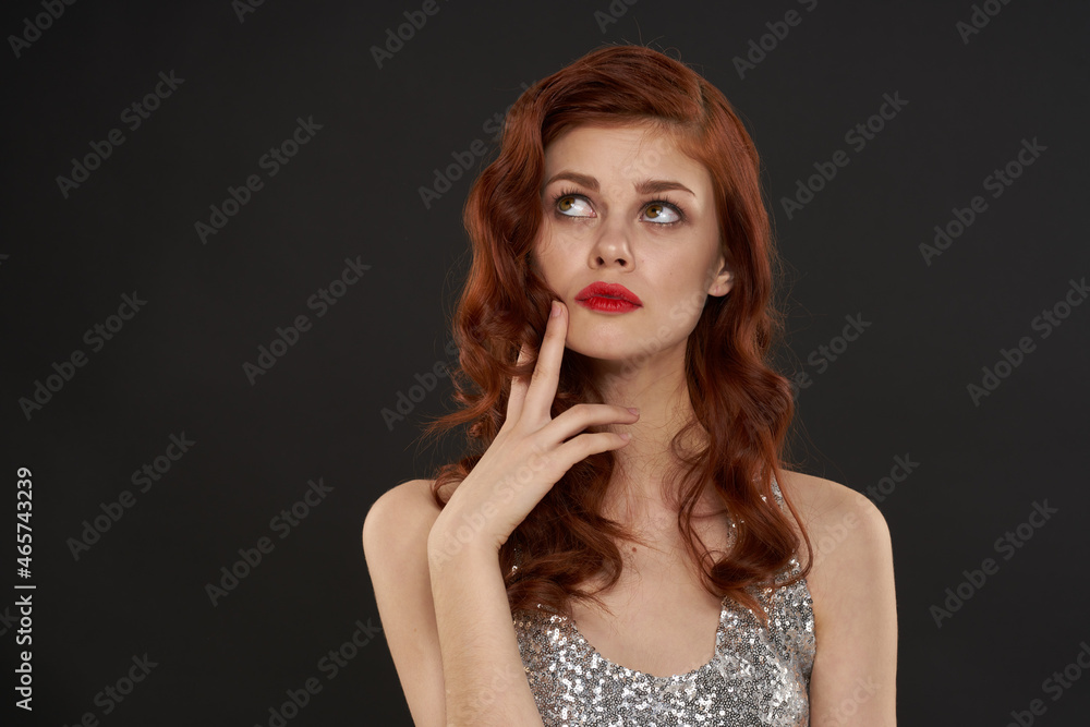 elegant woman in silver dress beautiful hairstyle posing dark background elegant woman in silver dress beautiful hairstyle posing dark background