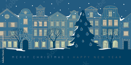 Merry christmas and happy new year greeting card. Festive winter street. Europe street.