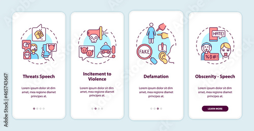 Non-protected speech types onboarding mobile app page screen. Defamation and threats walkthrough 4 steps graphic instructions with concepts. UI, UX, GUI vector template with linear color illustrations