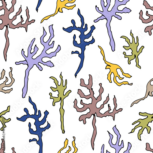 Multicolor algae and corals on a white background, seamless abstract pattern for fabric and paper for decoration.