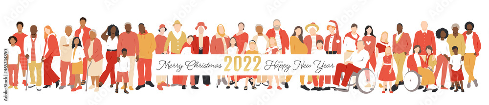 Merry Christmas and Happy New Year card. Multicultural group of families. Merry Christmas and Happy New Year card. Multicultural group of families.