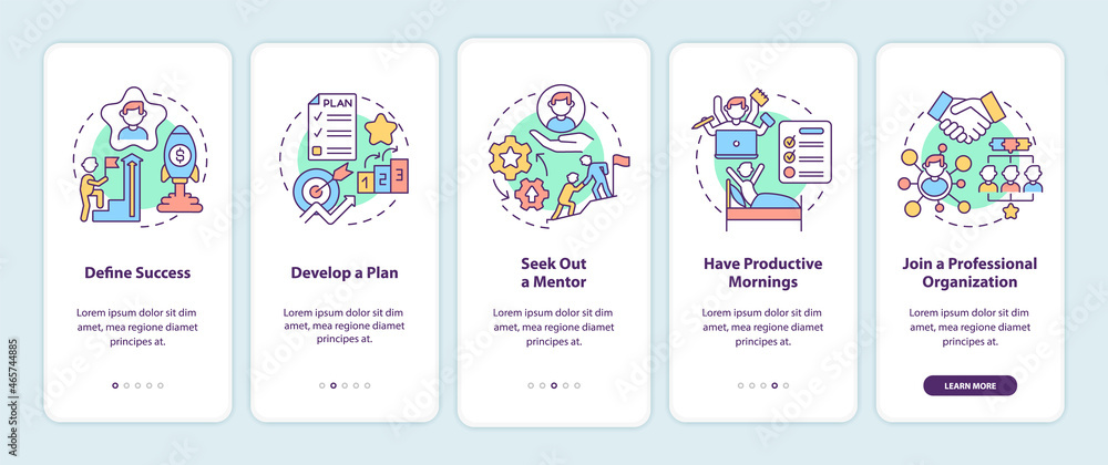 Career advancement steps onboarding mobile app page screen. Success walkthrough 5 steps graphic instructions with concepts. UI, UX, GUI vector template with linear color illustrations Career advancement steps onboarding mobile app page screen. Success walkthrough 5 steps graphic instructions with concepts. UI, UX, GUI vector template with linear color illustrations