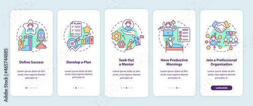 Career advancement steps onboarding mobile app page screen. Success walkthrough 5 steps graphic instructions with concepts. UI, UX, GUI vector template with linear color illustrations