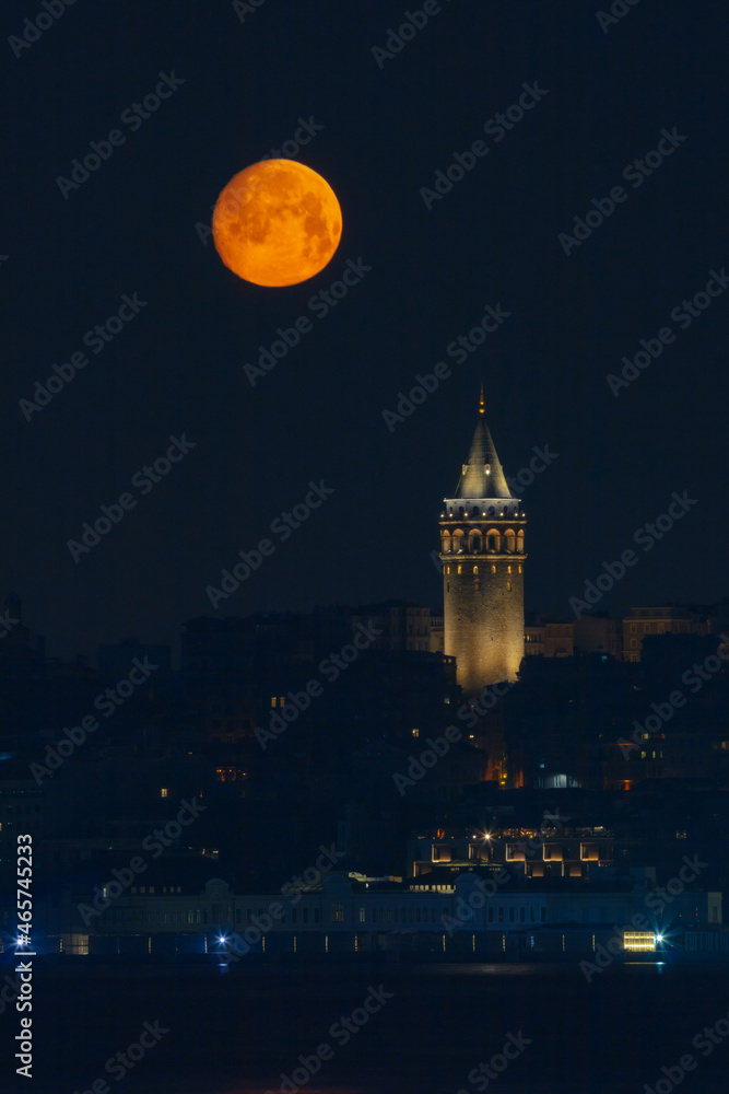 Galata Tower at moonset in Istanbul. Istanbul story background photo ...