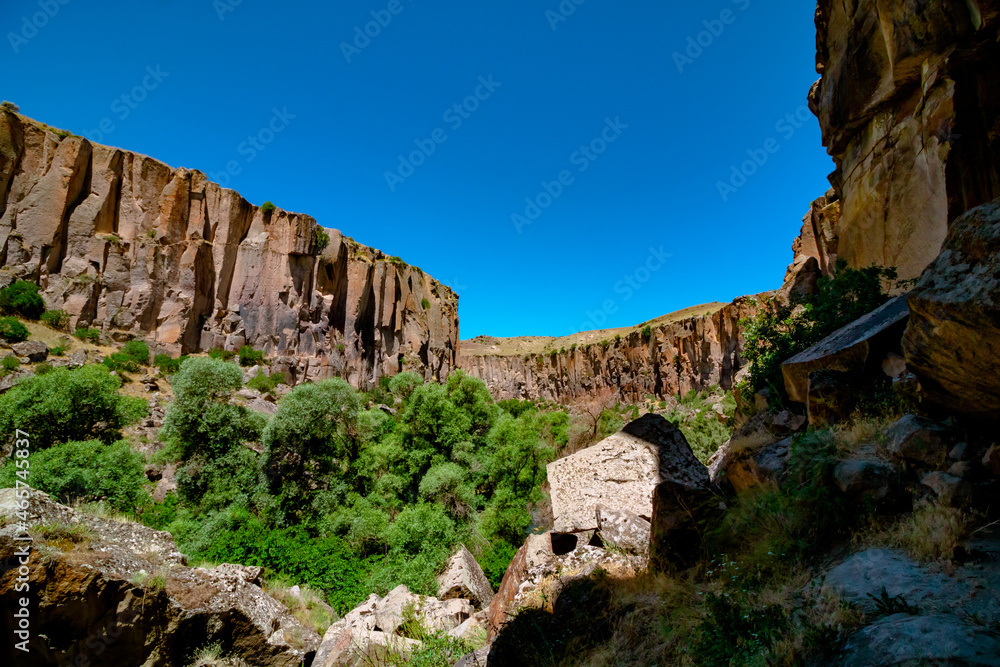 Ihlara Valley in Aksaray Turkey. Historical and natural landmark of Turkey. Significant places of Christianity in Turkey. Melendiz Stream. Hiking or trekking paths.