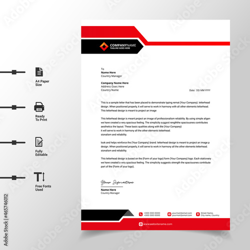 abstract business letterhead template (red modern a4 letterhead fully print ready and customizable)