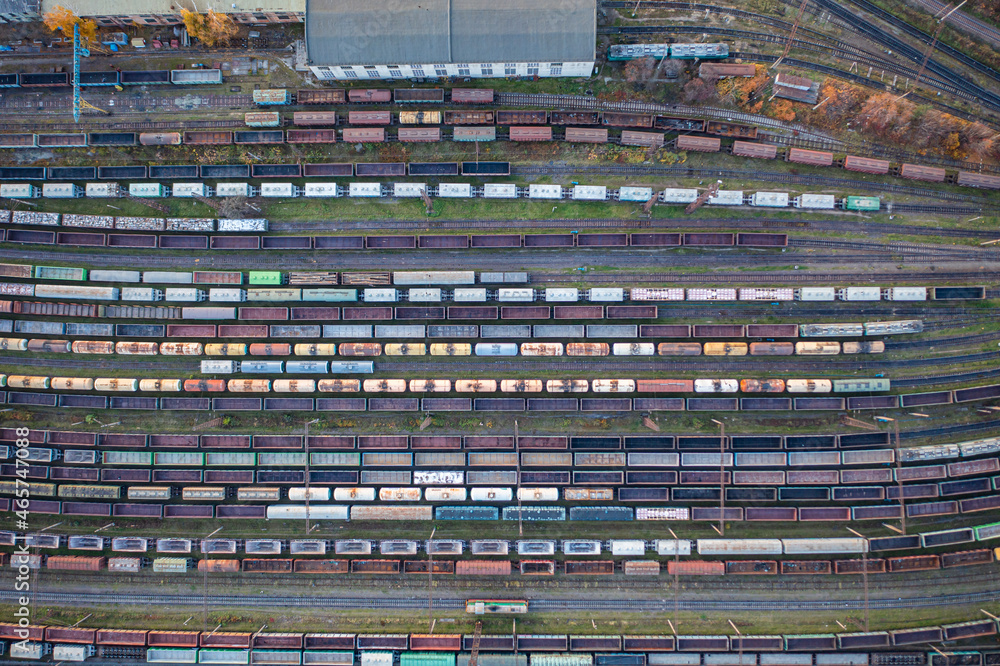 aerial view on cargo trains aerial view on cargo trains