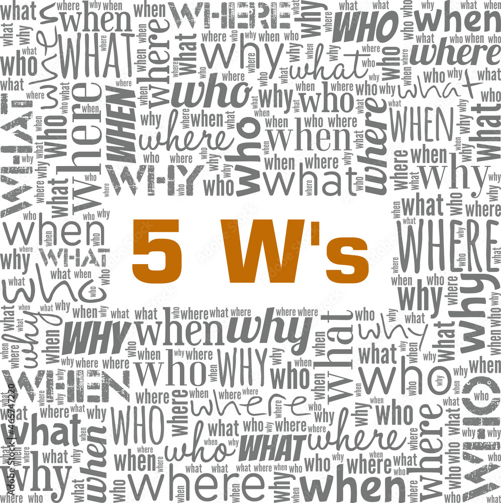 Five W's - Who, Where, Why, What, When vector illustration word cloud isolated on white background.