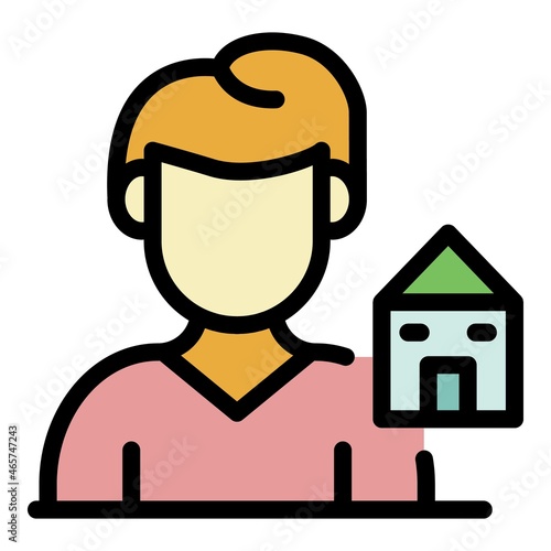 A man and a house icon. Outline a man and a house vector icon color flat isolated