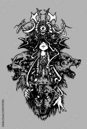 The shaman girl. Wolves and crows, witchcraft. Hand drawing for T-shirt or tattoo