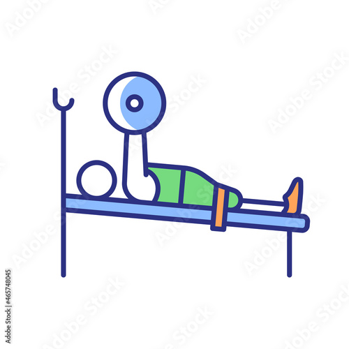 Powerlifting RGB color icon. Sportsman lifts big weights. Strength sport. Personal result setting. Athlete with physical disability. Isolated vector illustration. Simple filled line drawing