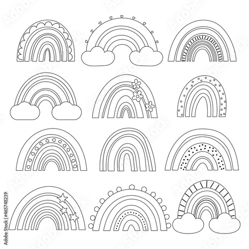 Coloring page with boho style rainbows. Hand drawn doodle rainbow, clouds, stars, flowers. Black and white outline vector illustration.
