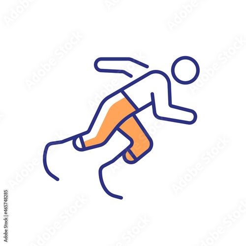 Athletics RGB color icon. Sportsman run across track. Single sport competition. Track, road and field events. Athlete with disability. Isolated vector illustration. Simple filled line drawing