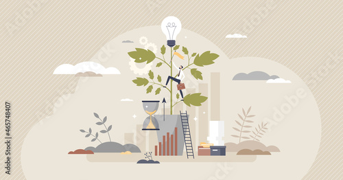 Professional development and career growth or improvement tiny person concept. High ambition and employee potential realization vector illustration. Work progress and talent training to reach goal. photo