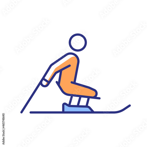 Alpine skiing RGB color icon. Winter season activity. Professional extreme sports. Athletes slide using mono skis. Disabled sportsman. Isolated vector illustration. Simple filled line drawing