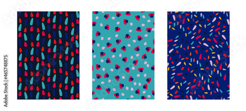 Pack de tres patrones de estampados geométricos para fondos de diseño o estampados, vectores abstractos con colores atrevidos