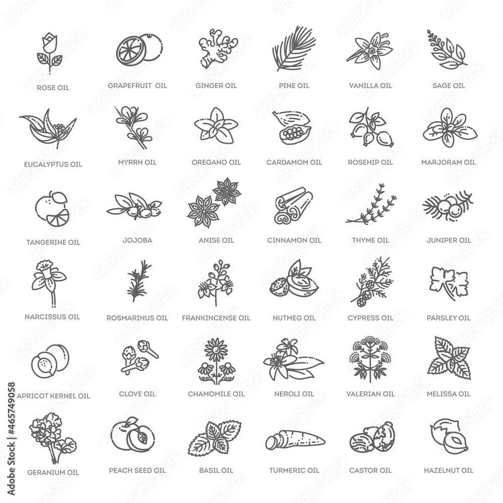 Vector set of natural ingredients and oils for cosmetics in linear style. Essential oil and cosmetics oils, butters Vector set of natural ingredients and oils for cosmetics in linear style. Essential oil and cosmetics oils, butters