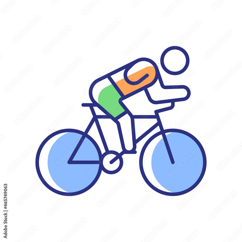 Track cycling RGB color icon. Bicycle racing competition. Riding bike across track sport activity. Athletes with physical disability. Isolated vector illustration. Simple filled line drawing Track cycling RGB color icon. Bicycle racing competition. Riding bike across track sport activity. Athletes with physical disability. Isolated vector illustration. Simple filled line drawing