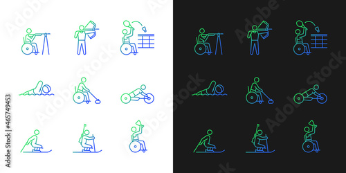 Athletes with disabilities gradient icons set for dark and light mode. People with disability. Thin line contour symbols bundle. Isolated vector outline illustrations collection on black and white