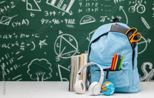 Back to school background. Stationery Supplies in the school bag. Banner design education On chalkboard with the Mathematical formula.